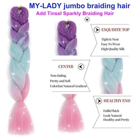 Ombre Jumbo Braiding Hair Colorful Tinsel Hair Extension 24 Inch 1PC Synthetic Braids Rainbow Hair for Girls Women,Glitter Fake Hair for Festival Rave,Light Purple to Lake Blue to Pink Glitter