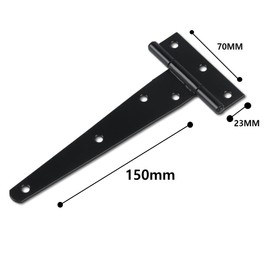 2 Pack T Hinges 150mm (6") with Screws, Heavy Duty T-Strap Gate Hinges, Black Coated Metal Tee Hinges, Rustproof and Weather Resistant for Shed Doors, Barn Doors, Wooden Gates, and Fences.
