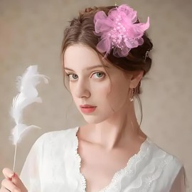 Elegant Flower Feather Hair Clips for Women Ball Beaded Floral Brooches Pins Ribbons Headpieces Hairpins Dress Accessories for Bridal Wedding Prom Tea Party Cocktail (Pink)