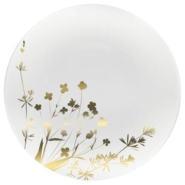 EcoQuality 8 inch White Round Plastic Salad Plates with Gold Flower Design – Disposable Plates for Snacks Appetizers Desserts Parties Picnics BBQs Birthdays Catering and Everyday Tableware (100)