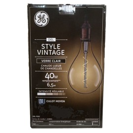 GE Large Vintage Warm Candle Light LED PS52, 6.5 watt, 350 lumen, Clear Glass,