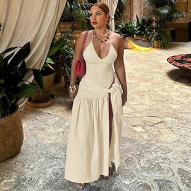 2 Piece Maxi Skirt Sets for Women Beach Swimwear Cover Ups Summer Sarong Coverup Wraps Halter Backless Vacation Outfits Beige