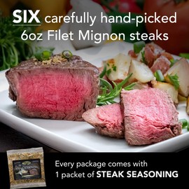 Chicago Steak Company - Butcher's Choice Gift Box 6 (6 oz.) Filet Mignons - Set of 6 Wet Aged Filet Mignon Beef Cut Gift Set with 1 Pack Steak Seasoning - Juicy Filet Mignons Perfect as Home-made Grilled Steak