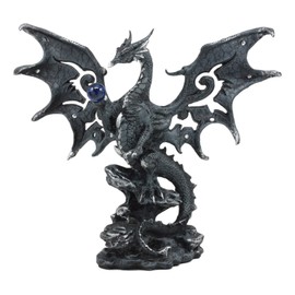 Ebros Draco Fantasy Gothic Dragon with Blue Orb Statue 8" Tall Land of The Dragons Home Decor Dragon Beast Sculpture