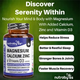 Magnesium Calcium Zinc & Vitamin D3 Vegan Supplement, Advanced Immunity Support, High Strength Vitamin D3, Strong Bones & Teeth, Muscle Recovery, Sleep Better, 180 Vegan Capsules-6 Months Supply - UK