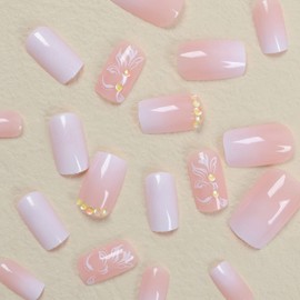 Square Fake Nails Medium Press on Nails Gradient False Nails with Rhinestone Designs Flower Acrylic Nails Pink White Artificial Nails Spring Summer Stick on Nails Medium Glue on Nails for Women Girls