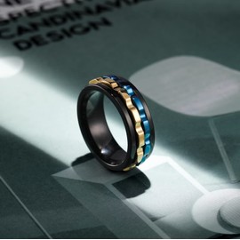 King Will Mens Blue Gold Gear Spinner Rings Stainless Steel Fidgets Two Color Gear Fidget Ring High Polish Anxiety Ring For Men Women Wedding Band 9.5