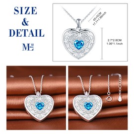 MicLee Heart Locket Necklaces for Women Girl 925 Sterling Silver Memory Lockets Pendants Creative Flower Engraving Photo Necklace with Blue Zircon