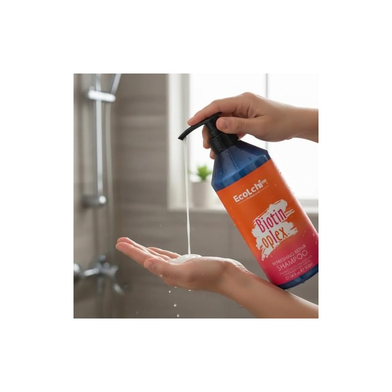 EcoLchi Biotin Oplex Shampoo Capilar Orgánico, Fórmula de Hidratación Profunda,