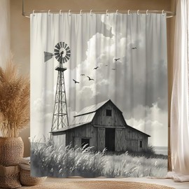 MUENKKCS Western Barn Windmill Shower Curtain Rustic Farmhouse Wild Weeds Bird Retro Grey Farm Country Natural Cute Minimalist Aesthetic Bathroom Decor Polyester Curtains with Hooks,70Wx70L