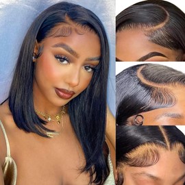 Thogriy Bob Wig Human Hair 13x4 HD Transparent Lace Front Straight Wigs 180% Density 16 Inch Pre Plucked Short Bob Straight Wigs Human Hair for Women Natural Black Color