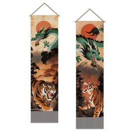 SUPERDANT Tapestry with Dragon and Tiger Motif, Mountain Sun, Wall Blanket, 2 Pieces, Samurai Ghost Long Tapestry, Wall Hanging with Tassel Design for Living Room, Bedroom Decoration