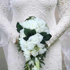 FEILUOYI Wedding Bridal Bouquet Romantic Bride Bouquet Cascading Bridal Bouquet Rose Artificial Roses for Wedding Church