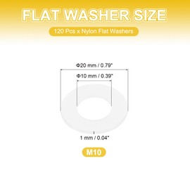 PATIKIL M10 Nylon Flat Washers, 120 Pcs 10mm ID 20mm OD 1mm Thick Plastic Sealing Flat Round Washer Spacer Gaskets Replacement for Plumbing Faucet Hose Fastener Bolt, White
