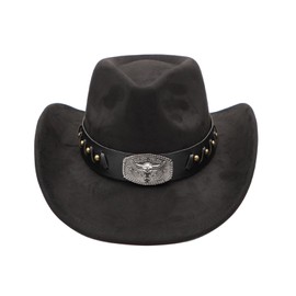 Cowboy Hat for Men Western Cowgirl Hat for Women Unisex Wide Brim Felt Fedora Hats Classic Flat Top Hats with Buckle Belt (US, Alpha, Medium, Black)
