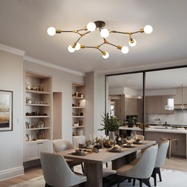 Sheadea Mid Centur Sputnik Semi Flush Mount Ceiling Light Fixture Gold and Black,Metal Modern 9 Light Large Chandelier for Living Room Dining Room Bedroom Kitchen Office