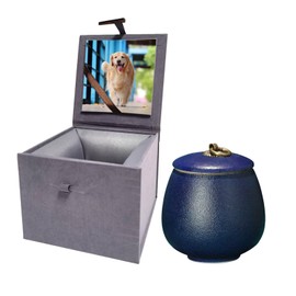Ceramic Pet Urn for Ashes, Dog Urn Cat Urn Handicrafted Ashes Keepsake Memorial Gift, Ashes Holder with Photo Display Box (Matte Sapphire Blue, M Size)