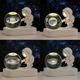 Generic Saturno de Cristal lampara de Saturno 2.4inch(60mm) Astronauts Night Light 3D Laser Engraved Quartz Glass Ball Home Decor Crafts (The Moon), White