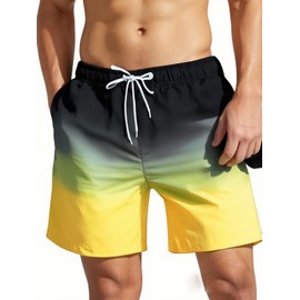 MADHERO Mens Swim Trunks Short Bathing Suit with Mesh Lining Swimming Shorts Black Yellow Size S