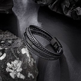 Speroto Mens Bracelet Adjustable Premium Black Leather Bracelet for Men with Stainless Steel Magnetic Clasp, Multi-Layer Braided Genuine Leather Bracelet Gift Idea for Men/Women (Black Style B, 23.5)