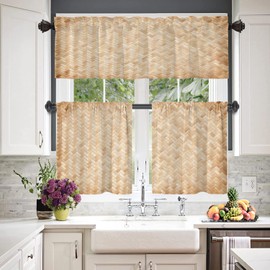 BaoNews Bamboo Wood Kitchen Valances for Windows,Woven Bamboo Blackout Valances Curtains Multilayer Polyester Drapes for Kitchen Bedroom 2 Pack 52X16 Inches