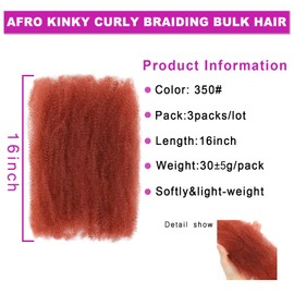 Afro Kinky Curly Braiding Hair for Dreadlock Extensions Repair Locs 3 Packs Synthetic Afro Kinkys Bulk Hair Bundles Micro Spring Afro Twist Hair Bulk for Mini Twist Hair (350#, 16 Inch)