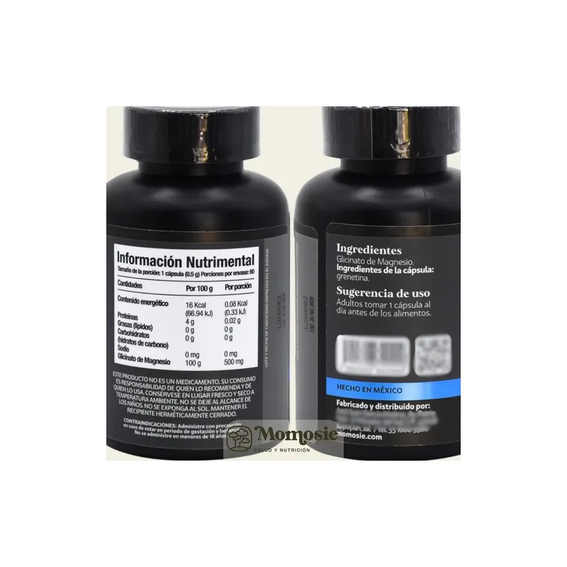Glicinato Magnesio Momosie Cápsulas 500 Alta Absorción Biodisponibilidad Bienestar Relajación