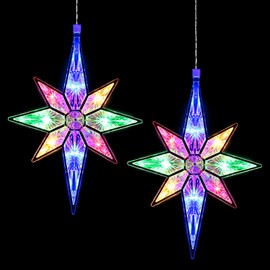 Mudder 10.8 Inch Christmas Window Star Lights Plastic Lighted Star Tree Topper Decoration Large Hanging Stars Christmas Window Lights LED Star Window Silhouette Decoration (Rainbow Color,2 Pieces)