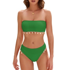 ZAFUL Women Strapless Bandeau Bikini Shell 2 Piece Swimwear Cheeky Solid Lace up Pom Bathing Suits(0-Green,XL)