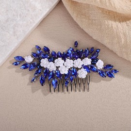Teyglen Flower Rhinestone Wedding Hair Comb Floral Crystal Hair Piece Blue Crystal Hair Side Comb Flower Bridal Headpiece Hair Accessories for Women (Blue)