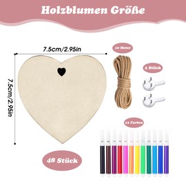 Prelisee Pack of 48 Heart Wooden Discs for Crafts, 7.5 cm Wooden Hearts Discs Natural Wood Discs with 10 m Jute Cord, 12 Watercolour Pencils, Wooden Hearts Confetti Decoration for Wedding, Birthday