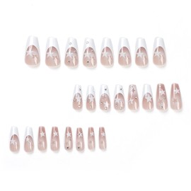 Medium Press on Nails Coffin Fake Nails White French False Nails with Star Design Glue on Nails Rhinestone Full Cover Stick on Nails Glossy Acrylic Nails for Women Manicure 24Pcs