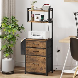 HIGDBFE 3 Drawer File Cabinet with Charging Station (2AC&2USB), 3-Tier Tall Filing Cabinet for Home Office with Storage Shelf, Printer Stand, Fabric Drawer Fits A4/Letter Size, 45''D, Rustic Brown