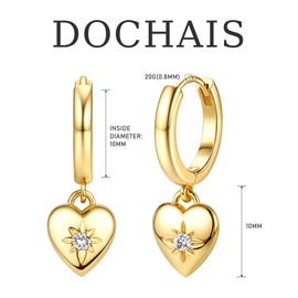 Dochais 14K Gold Plated S925 Sterling Silver Post Earrings Lightweight Drop Dangle Hoop Hypoallergenic Sleeping Earrings for Women Girls (Gold Heart)