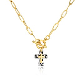 Desnuage Two Tone Black Hammered Cross Toggle Necklace For Women 14K Gold Plated Paperclip Chain Hypoallergenic Vintage Minimalist Daily Wear Jewelry