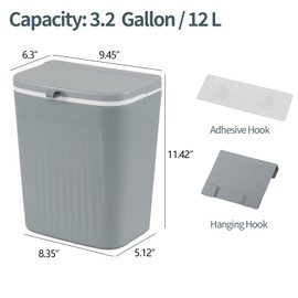 Uumitty 3.2 Gallon/12 L Plastic Kitchen Compost Bin, Hanging Trash Can with Lid, Wall-Mounted Garbage Can, Grey