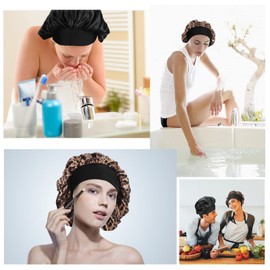 Arqumi Pack of 2 Satin Sleeping Bonnet, Large Satin Sleep Bonnet with Elastic Long Strap, Adjustable Sleep Cap Hair Bonnet for Women & Men, Black+Leopard Print