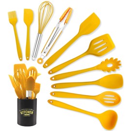 11 Piece Cooking Kitchen Utensils Set, Yellow Cooking Utensils Set, Non-Stick Silicone Spatula Set with Iron Utensils Holder, Silicone Kitchen Gadgets Utensil Set (Yellow)