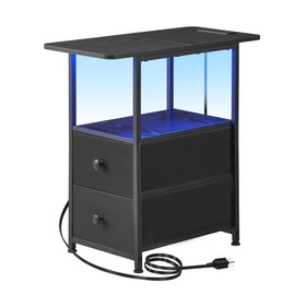 DALEMHOME Narrow End Table with Charging Station, Narrow Side Table with 2 Fabric Drawers, Slim Nightstand with LED Light, Small Bedside Table with Storage, Living Room, Bedroom, Black HKET1203BK