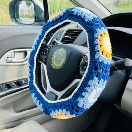 OnEternal Handmade Crochet Steering Wheel Cover Star Moon Seat Belt Cover, Car Interior Accessories Decorations. (Steering Wheel Cover + 2 Seat Belt Cover)