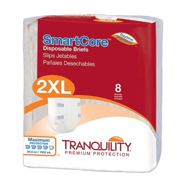 Tranquility SmartCore Adult Disposable Briefs, Incontinence Control with Breathable Kufguard Technology, Fastening Tabs& Wetness Indicator, Latex-Free, Adult XX-Large, 34oz Capacity, 8ct Bag