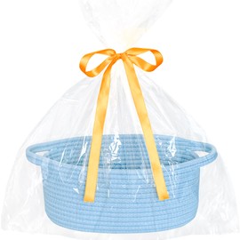 ABenkle Small Basket with Gift Bag and Ribbons, 12"x 8" x 5" Cute Small Woven Basket, Rope Shelf Toys Storage Basket with Handle, Decorative Empty Gift Basket