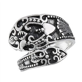 Oxidized Vintage Filigree Heart Spoon Ring Sterling Silver Thumb Band Size 7