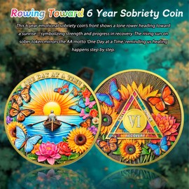 Rowing Toward Recovery 6 Year Sobriety Coin - One Day at A Time 6 Year AA Coins - Colorful Triangle Sunflower NA AA Chips and Medallions - 1-10 Prime Narcotics Alcoholics Anonymous Gifts for Men Women