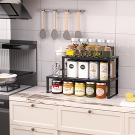 Zilvando Heavy-Duty Adjustable Metal Shelf Organizer - Expandable & Stackable Pantry Storage Rack for Kitchen, Bathroom, RV, Cabinets(1 Pack/Black, Large)