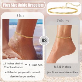 Plus Size Gold Ankle Bracelets for Women Big Ankles, 11"+2" Adjustable Ankle 14K Real Gold Plated Cuban Link Chain Figaro Herringbone Rope Extra Large Anklet Bracelets,Summer Beach Foot Jewelry