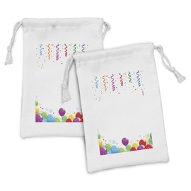 Ambesonne Party Fabric Pouch Set of 2, Rain with Curls and Balloons Stars Dots Joyful Happy Greeting Concept, Small Drawstring Bag for Toiletries Masks and Favors, 9" x 6", Multicolor