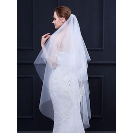 JWICOS 2 niveles de velo de novia de color marfil para mujer, simple tul de encaje corto para despedida de soltera con borde cortado con peine para boda, despedida de soltera