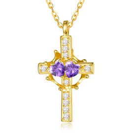 Gold Cross Necklace for Women Sterling Silver Cross with Crown Necklace Gold Crown Pendant Amethyst Jewellery February Birthstone Wedding Anniversary Birthday Gifts for Women