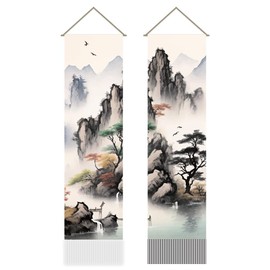 AHANDMAKER 2Pcs Asian Landscape Painting Tapestry, Oriental Ink Aesthetics Mountain Tree Japanese Artistry Tassel Tapestry Hanging for Bedroom Living Room Interior Décor(45.7x13 Inch)